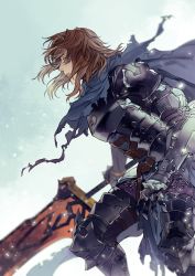 Rule 34 | 10s, 1boy, armor, bad id, bad pixiv id, blue background, breastplate, brown hair, gauntlets, gradient background, granblue fantasy, highres, holding, holding sword, holding weapon, k29, long hair, male focus, no headwear, parted lips, siegfried (granblue fantasy), solo, sword, torn clothes, weapon, yellow eyes