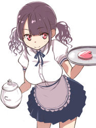 Rule 34 | 1girl, apron, bad id, bad pixiv id, breasts, brown hair, heart, large breasts, original, puffy sleeves, red eyes, short hair, short sleeves, skirt, smile, solo, teapot, tray, twintails, umeboshitora, waist apron