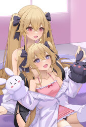 Rule 34 | 2girls, absurdres, anchorage (azur lane), attilio regolo (azur lane), attilio regolo (castle of inspiration) (azur lane), azur lane, camisole, collarbone, crossed bangs, frilled jacket, frills, hair ribbon, hand puppet, heart, heart-shaped pupils, highres, jacket, light brown hair, multiple girls, off shoulder, official alternate costume, open mouth, puppet, rabbit puppet, red eyes, ribbon, sitting, sitting on lap, sitting on person, smile, soar sora222, symbol-shaped pupils, twintails