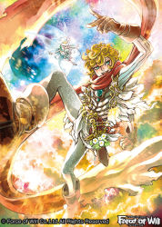 Rule 34 | 1boy, 1girl, blonde hair, boots, company name, curly hair, dagger, fairy, fairy wings, flower, force of will, gloves, green eyes, hat, knife, leaf, official art, open mouth, scarf, sparkle, weapon, wings