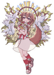 Rule 34 | 1girl, :3, absurdres, animal ears, aqua belt, belt, belt pouch, blush stickers, bone hair ornament, bouquet, bow, braid, branch, brown eyes, brown hair, brown tail, closed mouth, commentary, cross-laced footwear, dog ears, dog girl, dog tail, dress, fang, floppy ears, flower, flower request, full body, grey footwear, hair ornament, hair tie, hands up, highres, holding, holding bouquet, hololive, hugging object, inugami korone, inugami korone (1st costume), lily (flower), long hair, loose belt, meatbandit, pouch, red bow, red flower, red rose, red socks, rose, see-through silhouette, shoes, side braid, simple background, single braid, sleeveless, sleeveless dress, smile, sneakers, socks, solo, split mouth, sundress, tail, virtual youtuber, white background, white dress, white flower, white lily, wristband, yellow flower