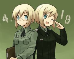 Rule 34 | 2girls, :d, blonde hair, blue eyes, erica hartmann, glasses, kinosaki (green patio), military, military uniform, multiple girls, one eye closed, open mouth, salute, short hair, siblings, simple background, sisters, smile, strike witches, strike witches: suomus misfits squadron, two-finger salute, uniform, upper body, ursula hartmann, wink, world witches series