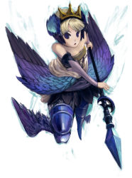 Rule 34 | 1girl, armor, armored dress, bad id, bad pixiv id, bare shoulders, blue eyes, boots, crown, dress, elbow gloves, full body, gloves, gwendolyn (odin sphere), multicolored wings, odin sphere, polearm, pteruges, roten, solo, spear, strapless, strapless dress, thigh boots, thighhighs, valkyrie, weapon, white background, white hair, wings