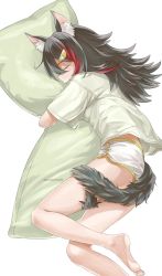 Rule 34 | 1girl, absurdres, animal ear fluff, animal ears, ass, bare legs, barefoot, black hair, closed eyes, dolphin shorts, hair ornament, hairclip, highres, hololive, long hair, lying, multicolored hair, hugging object, on side, ookami mio, pillow, pillow hug, red hair, shirt, short sleeves, shorts, simple background, solo, streaked hair, sushida0k, tail, tail around own leg, twitter username, virtual youtuber, white background, white shirt, white shorts, wolf ears, wolf girl, wolf tail