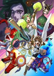 Rule 34 | 2boys, 3girls, absurdres, angel, angel wings, animal ears, armlet, blue eyes, blue fire, breasts, brown hair, chain, colored sclera, colored skin, commentary request, diadem, dog ears, dragon, dress, fire, gold chain, green eyes, green hair, green skin, hewdraw, highres, holding, holding weapon, jewelry, kid icarus, kid icarus uprising, kraken, laurel crown, medium breasts, medusa (kid icarus), monoeye, multiple boys, multiple girls, nintendo, one-eyed, one eye closed, open mouth, palutena, pandora (kid icarus), pendant, pit (kid icarus), pom pom (cheerleading), red sclera, scarf, skull, snake hair, strapless, strapless dress, tako majin, teeth, tentacles, thanatos (kid icarus), thighlet, twinbellows, v-shaped eyebrows, weapon, wings, yellow sclera