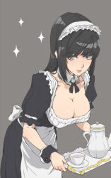 Rule 34 | 1girl, apron, black hair, breasts, cleavage, covered erect nipples, cuffs, cup, detached collar, grey eyes, hair ornament, large breasts, leaning forward, lips, long hair, maid, maid apron, maid headdress, original, simple background, solo, sparkle, teacup, teapot, tray, waist apron, wrist cuffs, yamaishi (mukoubuti)