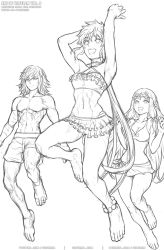 Rule 34 | 1boy, 2girls, :d, abs, anklet, armpits, bare arms, bare legs, barefoot, bikini, bikini skirt, breasts, circlet, cleavage, fan la norne, full body, gofelem, greyscale, jewelry, jin (xenoblade), jumping, lora (xenoblade), male swimwear, medium breasts, monochrome, multiple girls, nintendo, open mouth, pectorals, sketch, smile, swim trunks, swimsuit, toned, xenoblade chronicles (series), xenoblade chronicles 2, xenoblade chronicles 2: torna - the golden country