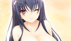 Rule 34 | 1girl, blue hair, blush, breasts, game cg, hair ornament, hairclip, happy, huge breasts, long hair, looking at viewer, nude, one eye closed, prestar! precious star&#039;s festival: shokai seisan gentei, red eyes, simple background, smile, solo, wink
