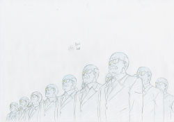 Rule 34 | 10s, 6+boys, bald, clone, commentary, facial hair, formal, highres, key frame, kill la kill, male focus, multiple boys, mustache, necktie, official art, partially colored, production art, production note, promotional art, signature, simple background, sketch, suit, suits, sunglasses, trigger (company), white background