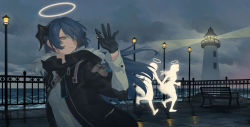 Rule 34 | 3girls, aqua eyes, arknights, bench, black gloves, black jacket, blue hair, closed mouth, cloud, cloudy sky, commentary request, demon horns, favilia, fur-trimmed jacket, fur trim, ghost, gloves, grey shirt, halo, hand up, hood, hooded jacket, horns, jacket, lamppost, lighthouse, long hair, looking away, looking to the side, mostima (arknights), multiple girls, night, ocean, open clothes, open jacket, outdoors, railing, shirt, shoulder strap, sky, upper body