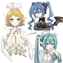 Rule 34 | 3girls, :d, :o, angel, angel and devil, aqua eyes, aqua hair, armlet, ascot, bangs pinned back, bare shoulders, black ascot, black gloves, black shirt, blonde hair, blue capelet, blue eyes, blue hair, bracelet, brooch, capelet, cropped torso, crossed arms, demon, demon girl, demon horns, demon wings, dress, dual persona, elbow gloves, fang, feathered wings, gloves, hair between eyes, hair ornament, hairpin, halo, hand on own cheek, hand on own face, hatsune miku, headset, highres, horns, jewelry, kagamine rin, long hair, looking at viewer, microphone, multiple girls, naguno-0713, number tattoo, open mouth, parted bangs, shirt, sidelocks, signature, simple background, skin fang, sleeveless, sleeveless shirt, smile, tattoo, teeth, twintails, upper teeth only, very long hair, vocaloid, white background, white dress, white shirt, white wings, wings