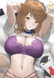 Rule 34 | 1girl, absurdres, arms behind head, blue sailor collar, bra, breasts, brown eyes, brown hair, cellphone, cleavage, clothes lift, floral print, highres, large breasts, long hair, mole, mole on arm, navel, necktie, original, panties, parted lips, phone, purple bra, purple panties, red necktie, rushian, sailor collar, school uniform, shirt, shirt lift, short sleeves, smartphone, solo, stomach, stuffed animal, stuffed bird, stuffed penguin, stuffed toy, underwear, white shirt
