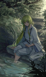 Rule 34 | 1other, absurdres, androgynous, character request, check character, collarbone, cy9, enkidu (fate), fate/grand order, fate/strange fake, fate (series), green eyes, green hair, hair between eyes, highres, long hair, outdoors, robe, sidelocks, sitting, smile, solo, very long hair, white robe