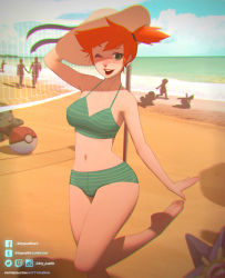 Rule 34 | arm above head, beach, bikini, breasts, bulbasaur, chromatic aberration, cloud, creatures (company), day, facebook logo, feet, game freak, gen 1 pokemon, green bikini, green eyes, hat, holding, holding clothes, holding hat, kitty puddin, medium breasts, misty (pokemon), navel, nintendo, ocean, one eye closed, orange hair, outdoors, outstretched arm, pikachu, poke ball, pokemon, pokemon (anime), pokemon (classic anime), pokemon (creature), sand, shaded face, shore, short hair, short twintails, skirt, smile, solo focus, squirtle, standing, standing on one leg, starmie, striped bikini, striped clothes, swimsuit, tumblr logo, tumblr username, twintails, twitter logo, volleyball net, water, watermark, web address