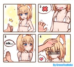 Rule 34 | 1boy, 1girl, 4koma, ^^^, absurdres, anger vein, animal ears, armpits, arms behind back, artist name, bare arms, bare shoulders, bikini, bikini top only, blonde hair, blue eyes, blush, collarbone, comic, dot nose, fang, flat chest, fox ears, fox girl, greenteaneko, groping motion, headpat, heart, highres, looking away, micro bikini, midriff, navel, numbered panels, open mouth, original, out of frame, own hands together, shaded face, short hair, speech bubble, spoken heart, spoken x, square 4koma, sweatdrop, swimsuit, thumbs up, upper body, white background, white bikini