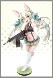 Rule 34 | 1girl, :d, animal ear fluff, animal ears, art556 (girls&#039; frontline), bare shoulders, blush, boots, border, bow, brown eyes, commentary request, girls&#039; frontline, gloves, green bow, green hair, green skirt, grey border, gun, hair between eyes, hair bow, halftone, halftone background, high heel boots, high heels, highres, holding, holding gun, holding weapon, kuro kosyou, long hair, looking at viewer, miniskirt, name connection, navel, object namesake, open mouth, pleated skirt, skirt, smile, solo, standing, standing on one leg, suspenders, taurus art556, thigh boots, trigger discipline, twintails, very long hair, weapon, white bow, white footwear, white gloves