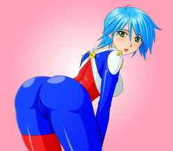 Rule 34 | 1990s (style), 1girl, allenby beardsley, ass, bad id, bad pixiv id, bent over, blue hair, blush, bodysuit, cameltoe, g gundam, green eyes, gundam, latex, leaning forward, makani kohitujito, mobile trace suit, open mouth, short hair, skin tight, solo