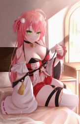 Rule 34 | 1girl, absurdres, ahoge, bare shoulders, bell, blush, breasts, choker, cleavage, collarbone, green eyes, highres, hololive, large breasts, licking lips, long hair, looking at viewer, md5 mismatch, navel, neck bell, nontraditional miko, one side up, pink hair, purple (jobseeking), resolution mismatch, sakura miko, sakura miko (work), short shorts, shorts, sitting, source smaller, thigh strap, thighhighs, thighs, tongue, tongue out, virtual youtuber, white thighhighs