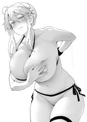 Rule 34 | 1girl, ahoge, artoria pendragon (fate), artoria pendragon (lancer) (fate), bare shoulders, bikini, bikini bottom aside, blush, braid, braided bun, breasts, closed mouth, clothing aside, collarbone, cowboy shot, crown, eyelashes, fate/grand order, fate (series), french braid, greyscale, hair between eyes, hair bun, hand on own chest, huge breasts, large breasts, leaning forward, looking at viewer, monochrome, nipple slip, nipples, one breast out, short hair, short hair with long locks, side-tie bikini bottom, sidelocks, simple background, skindentation, soba (saz), solo, swimsuit, thigh strap, thighs, white background