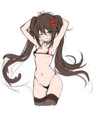 Rule 34 | 1girl, 22jm, arms behind head, arms up, bikini, blush, breasts, brown hair, brown thighhighs, cowboy shot, female focus, genshin impact, hu tao (genshin impact), long hair, looking afar, looking to the side, micro bikini, naughty face, one eye closed, petite, red bikini, red eyes, seductive smile, simple background, small breasts, smile, solo, standing, swimsuit, thigh gap, thighhighs, twintails, white background