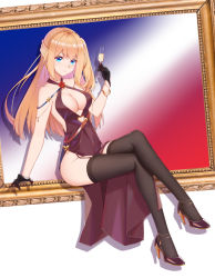 Rule 34 | 1girl, absurdres, bare shoulders, black gloves, black thighhighs, blonde hair, blue eyes, bracelet, braid, breasts, cleavage, closed mouth, collarbone, crossed legs, cup, dress, dress flower, drinking glass, flower, french braid, glass, gloves, high heels, highres, holding, holding cup, ironmarch, jewelry, long hair, looking at viewer, medium breasts, purple dress, red flower, red rose, richelieu (warship girls r), rose, sitting, solo, thighhighs, thighs, warship girls r, wine glass
