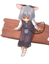 Rule 34 | 1girl, animal ears, bench, blush, closed mouth, commentary request, crystal, dress, flat chest, from above, full body, greenpiecerice, grey dress, grey hair, grey skirt, hair between eyes, highres, jewelry, long sleeves, medium bangs, mouse (animal), mouse ears, mouse girl, mouse tail, nazrin, no shoes, pendant, red eyes, shirt, short hair, simple background, sitting, skirt, skirt set, smile, socks, solo, tail, touhou, v-shaped eyebrows, white background, white shirt, white socks