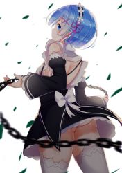 Rule 34 | 10s, 1girl, absurdres, ass, backless dress, backless outfit, blue eyes, bow, chain, detached sleeves, dress, frills, from behind, hair ornament, highres, leaf, looking at viewer, looking back, maid, panties, pantyshot, re:zero kara hajimeru isekai seikatsu, rem (re:zero), short hair, sll, solo, standing, thighhighs, underwear, white thighhighs, x hair ornament