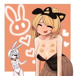 Rule 34 | 2girls, @ @, alternate costume, animal ears, black bow, black leotard, black survival, blonde hair, blue eyes, blush, bow, bowtie, breasts, brown pantyhose, cleavage, closed eyes, closed mouth, commentary request, covered navel, cowboy shot, crossover, detached collar, extra eyes, eyepatch, fake animal ears, hair bow, hair bun, hair over one eye, heart, highres, kurodani yamame, large breasts, leotard, medium breasts, medium hair, multiple girls, open mouth, orange background, pantyhose, playboy bunny, rabbit ears, red bow, red bowtie, rinyamame, scar, scar on chest, scar on leg, short hair, sissela (black survival), smile, strapless, strapless leotard, striped clothes, striped pantyhose, sweat, touhou, white background, white hair
