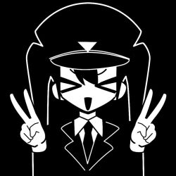 &gt;_&lt; 1girl :d black_hair black_necktie black_suit blending channel_(caststation) double_v formal_clothes furrowed_brow gloves hair_between_eyes hat monochrome necktie open_mouth original outline peaked_cap profile_picture shirt smile suit triangle twintails v white_gloves white_outline white_shirt