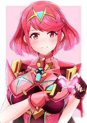 Rule 34 | 1girl, absurdres, armor, backless outfit, black gloves, bob cut, breasts, chest jewel, drop earrings, earrings, finger heart, fingerless gloves, gloves, highres, impossible clothes, jewelry, large breasts, light blush, neon trim, pyra (xenoblade), red eyes, red hair, short hair, short sleeves, shoulder armor, skindentation, solo, swept bangs, tiara, to (tototo tk), upper body, xenoblade chronicles (series), xenoblade chronicles 2