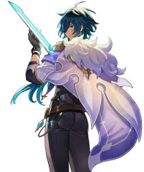 Rule 34 | 1boy, absurdres, ahoge, ass, black gloves, black pants, black shirt, blue hair, cape, closed mouth, commentary request, earrings, from behind, fur trim, genshin impact, gloves, glowing, glowing weapon, hair between eyes, hayama eishi, highres, jewelry, kaeya (genshin impact), long sleeves, looking at viewer, looking back, male focus, pants, purple eyes, shirt, simple background, smile, solo, sword, weapon, white background, white cape