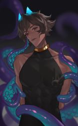 Rule 34 | 1boy, absurdres, arjuna (fate), arjuna alter (fate), black hair, blurry, blurry background, brown hair, covered abs, dark-skinned male, dark skin, expressionless, fate/grand order, fate (series), fengyin shici guozi, glowing horns, hair between eyes, highres, horns, jewelry, looking at viewer, male focus, neck ring, pectorals, sleeveless, solo, tentacles, tentacles on male, upper body