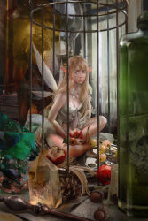 Rule 34 | 1girl, acorn, berry, blonde hair, bow, breasts, cage, cleavage, crystal, fairy, fairy wings, food, fruit, green eyes, highres, indian style, jar, lips, long hair, looking at viewer, medium breasts, mini person, minigirl, navel, neck ribbon, original, oversized food, oversized object, parted lips, pinecone, pointy ears, ribbon, sitting, skirt, solo, very long hair, vikiye, wand, wings