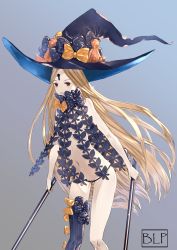 Rule 34 | 1girl, abigail williams (fate), abigail williams (second ascension) (fate), absurdres, black bow, black hat, black panties, blonde hair, blue background, blue lizz penguin, bow, closed mouth, commentary, fate/grand order, fate (series), gradient background, grey background, hat, hat bow, highres, holding, long hair, looking away, navel, orange bow, panties, parted bangs, red eyes, revealing clothes, solo, stuffed animal, stuffed toy, teddy bear, topless, underwear, very long hair, witch hat