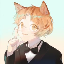 Rule 34 | 1other, adjusting eyewear, androgynous, animal ears, black bow, black bowtie, black jacket, bow, bowtie, brown hair, cat ears, collared shirt, fangs, formal, gradient background, hand up, highres, jacket, long sleeves, looking at viewer, monocle, orange eyes, orange hair, original, parted lips, portrait, shirt, short hair, sleell11, smile, solo, suit, two-tone background, whiskers, white shirt, wing collar