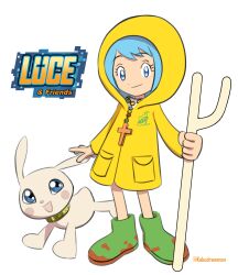 1girl absurdres blue_eyes boots cross digimon digimon_(creature) full_body hairstyle_connection highres holy_ring jubilee_2025 looking_at_another luce_(jubilee_2025) parody plotmon smile style_parody