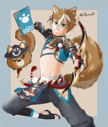 Rule 34 | 1boy, absurdres, animal ears, armor, bandages, black gloves, blue eyes, brown hair, dog boy, dog ears, genshin impact, gloves, gorou (genshin impact), highres, japanese clothes, male focus, multicolored hair, navel, self-upload, styrox, tail