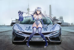 Rule 34 | 1girl, absurdres, alternate breast size, alternate costume, azur lane, backless leotard, bare shoulders, breasts, brown eyes, building, car, character name, china, cleavage, copyright name, covered navel, elbow gloves, flag, full body, gloves, grey hair, hai tien (azur lane), hairband, high heels, highres, holding, holding flag, kcar66t, large breasts, leotard, license plate, long hair, looking at viewer, motor vehicle, oriental pearl tower, parted lips, product placement, qiantu, qiantu k50, race queen, real world location, shanghai, shanghai (city), sitting, solo, sports car, thighhighs, tower