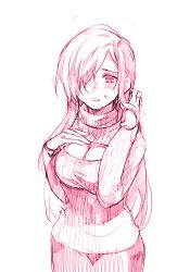 Rule 34 | blush, breasts, cleavage, cleavage cutout, clothing cutout, hair over one eye, long hair, lowres, monochrome, open mouth, pink theme, skirt, sweater, tales of (series), tales of the abyss, tear grants, very long hair