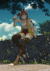 Rule 34 | 1girl, absurdres, arm up, atelier (series), atelier ryza, atelier ryza 1, belt, blue sky, boots, bridal legwear, brown belt, brown eyes, brown footwear, brown gloves, brown hair, closed mouth, cloud, detached sleeves, gloves, hair ornament, hairclip, hand on headwear, highres, jacket, jewelry, leather belt, looking at viewer, necklace, outdoors, pinoj0214, red shorts, reisalin stout, shirt, short hair, short shorts, shorts, sidelocks, single glove, sitting on wall, sky, sleeveless, sleeveless jacket, sleeveless shirt, smile, solo, star (symbol), star necklace, test tube, thigh boots, thighhighs, thighhighs under boots, toeless footwear, toes, tree, tree shade, white headwear, white shirt, white sleeves, white thighhighs, yellow jacket