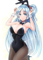 Rule 34 | 1girl, animal ears, bare shoulders, black bow, black bowtie, black footwear, black pantyhose, blue eyes, blue hair, bow, bowtie, breasts, cleavage, collarbone, covered navel, detached collar, fake animal ears, hands up, high heels, large breasts, leotard, looking at viewer, nail polish, pantyhose, playboy bunny, rabbit ears, rabbit tail, red nails, shinki (touhou), shoes, simple background, smile, solo, tail, touhou, touhou (pc-98), white background, wrist cuffs, y2