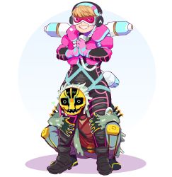 Rule 34 | 1boy, 1girl, ^ ^, apex legends, black bodysuit, black footwear, blue pants, bodysuit, cable, closed eyes, commentary, crypto (apex legends), english commentary, gloves, goggles, green jacket, hands on another&#039;s leg, highres, jacket, jewelry, lila (lilakeylk), mask, masked storyteller crypto, necklace, official alternate costume, own hands together, pants, pink gloves, pink vest, red shirt, shirt, smile, squatting, vaporwave wattson, vest, wattson (apex legends)
