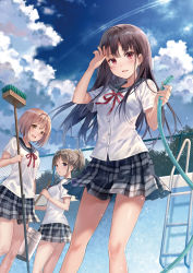 Rule 34 | 3girls, :o, black hair, black sailor collar, blouse, blue eyes, blush, broom, brown eyes, bucket, buttons, chain-link fence, cleaning, cloud, commentary request, contrail, day, empty pool, fence, fukahire (ruinon), holding, holding broom, holding bucket, holding hose, hose, light brown hair, long hair, looking at viewer, looking down, multiple girls, neckerchief, open mouth, original, outdoors, pink eyes, plaid, pleated skirt, pool, pool ladder, red neckerchief, sailor collar, school uniform, shirt, short hair, short ponytail, skirt, smile, standing, sunlight, tree, water, white shirt