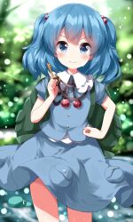 Rule 34 | 1girl, backpack, bag, blue eyes, blue hair, blue shirt, blue skirt, blurry, blurry background, closed mouth, commentary request, hair bobbles, hair ornament, highres, kawashiro nitori, key, looking at viewer, no headwear, pocket, ruu (tksymkw), shirt, short sleeves, skirt, smile, solo, touhou, two side up, v-shaped eyebrows