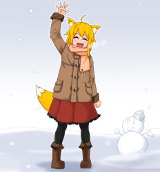 Rule 34 | 1girl, :d, ahoge, alternate costume, animal ear fluff, animal ears, asymmetrical hair, black pantyhose, blonde hair, boots, brown coat, brown footwear, closed eyes, coat, commentary request, cookie (touhou), fang, fox ears, fox girl, fox tail, frilled skirt, frills, full body, medium hair, miramikaru riran, niconico, open mouth, orange scarf, pantyhose, red skirt, scarf, sidelocks, skirt, smile, smiley face, snow, snowing, snowman, solo, standing, tail, waving, yan pai