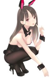 Rule 34 | 1girl, :p, ama mitsuki, animal ears, artist name, black bow, black bowtie, black footwear, black hairband, black leotard, black pantyhose, blush, bow, bowtie, breasts, brown hair, cleavage, dated, detached collar, fake animal ears, fake tail, full body, hairband, high heels, index finger raised, leotard, long hair, looking at viewer, medium breasts, original, pantyhose, playboy bunny, pumps, purple eyes, rabbit ears, rabbit tail, simple background, smile, solo, squatting, strapless, strapless leotard, tail, tongue, tongue out, white background, wrist cuffs