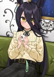 Rule 34 | 1girl, ahoge, animal ears, belt, black belt, black hair, black ribbon, black skirt, blush, closed mouth, coffee mug, commentary, couch, cup, earrings, frilled shirt, frills, hair between eyes, highres, holding, holding cup, horse ears, horse girl, indoors, jewelry, kuronosu (yamada1230), long hair, looking at viewer, manhattan cafe (umamusume), mug, multicolored hair, official alternate costume, on couch, painting (object), plaid, plaid skirt, ribbon, shirt, single earring, sitting, skirt, smile, solo, streaked hair, umamusume, very long hair, white hair, yellow eyes, yellow shirt