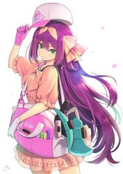 Rule 34 | 1girl, bag, closed mouth, commentary request, gloves, green eyes, hair ornament, hair ribbon, hairband, hairclip, hat, long hair, looking at viewer, nijisanji, petals, pink gloves, piro (orip), puffy short sleeves, puffy sleeves, purple hair, ribbon, sakura ritsuki, sakura ritsuki (2nd costume), short sleeves, simple background, smile, solo, two-tone gloves, very long hair, virtual youtuber, white background, white gloves, white headwear, yellow hairband, yellow ribbon
