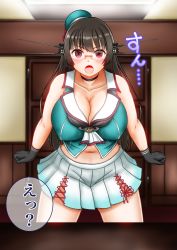 Rule 34 | 1girl, beret, black gloves, black hair, blush, breasts, choker, choukai (kancolle), cleavage, collarbone, commentary, empty eyes, glasses, gloves, green hat, hair between eyes, hat, highres, impossible clothes, indoors, kantai collection, large breasts, long hair, midriff, navel, neckerchief, open mouth, panties, pleated skirt, red eyes, sakuramon, searchlight, skirt, sleeveless, solo, time stop, translated, underwear, uniform, ura tomomi