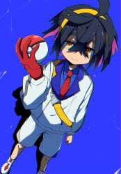 Rule 34 | 1boy, ahoge, black hair, blue background, blue shirt, clenched hand, closed mouth, collared shirt, colored inner hair, commentary request, creatures (company), crossed bangs, game freak, gloves, hair between eyes, hairband, hand up, highres, holding, holding poke ball, jacket, kieran (pokemon), knees, male focus, multicolored hair, nanohana (33matsu 96), necktie, nintendo, poke ball, poke ball (basic), pokemon, pokemon sv, red gloves, red necktie, shirt, shoes, short hair, shorts, single glove, solo, split mouth, strap, white footwear, white jacket, white shorts, yellow eyes, yellow hairband
